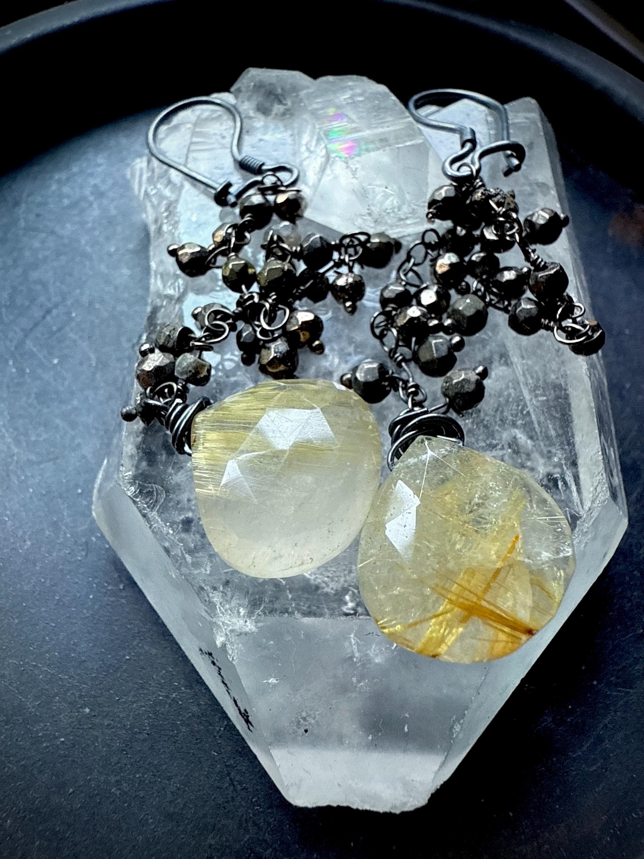 Rutilated Quartz Earrings, Pyrite Earrings, Dangle Earrings