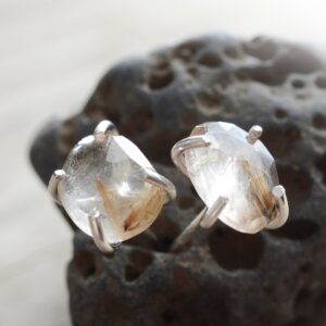 Rose Cut Golden Rutile Quartz Earrings: Sterling Silver Gemstone Studs