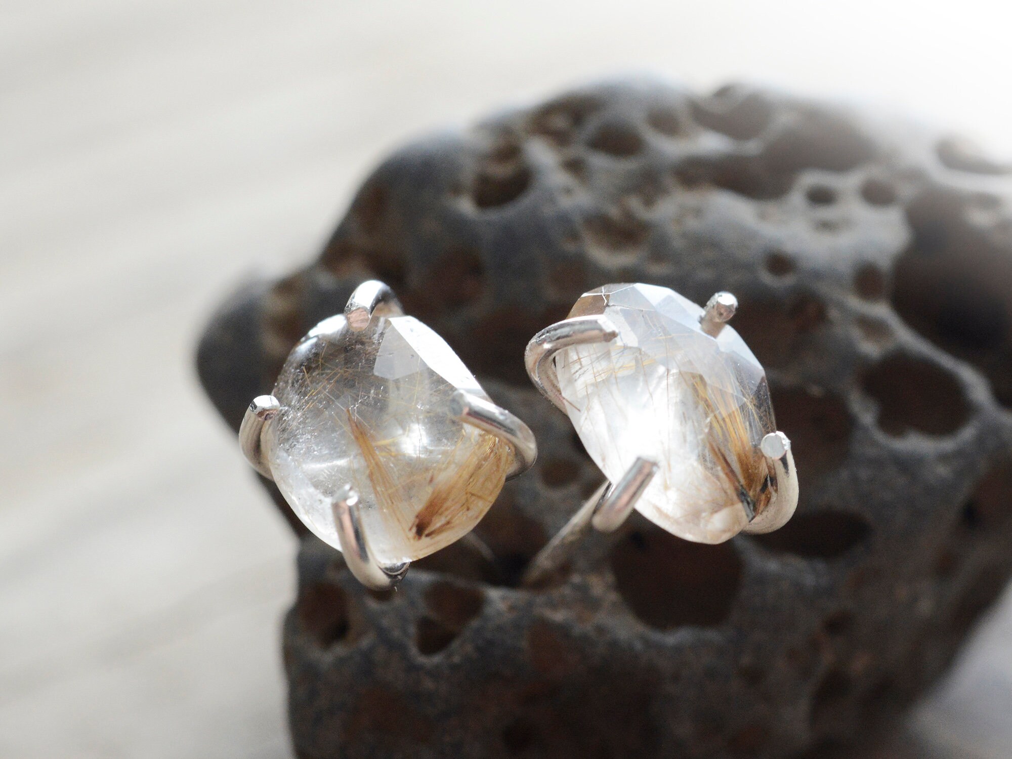 Rose Cut Golden Rutile Quartz Earrings: Sterling Silver Gemstone Studs