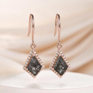 Rose Gold Kite Earrings: Black Rutilated Quartz Dangle, Moissanite Halo