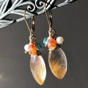 Rutile Quartz Earrings, Gold Filled Wire Wrapped Multi Gemstone Cluster Dangles 6520