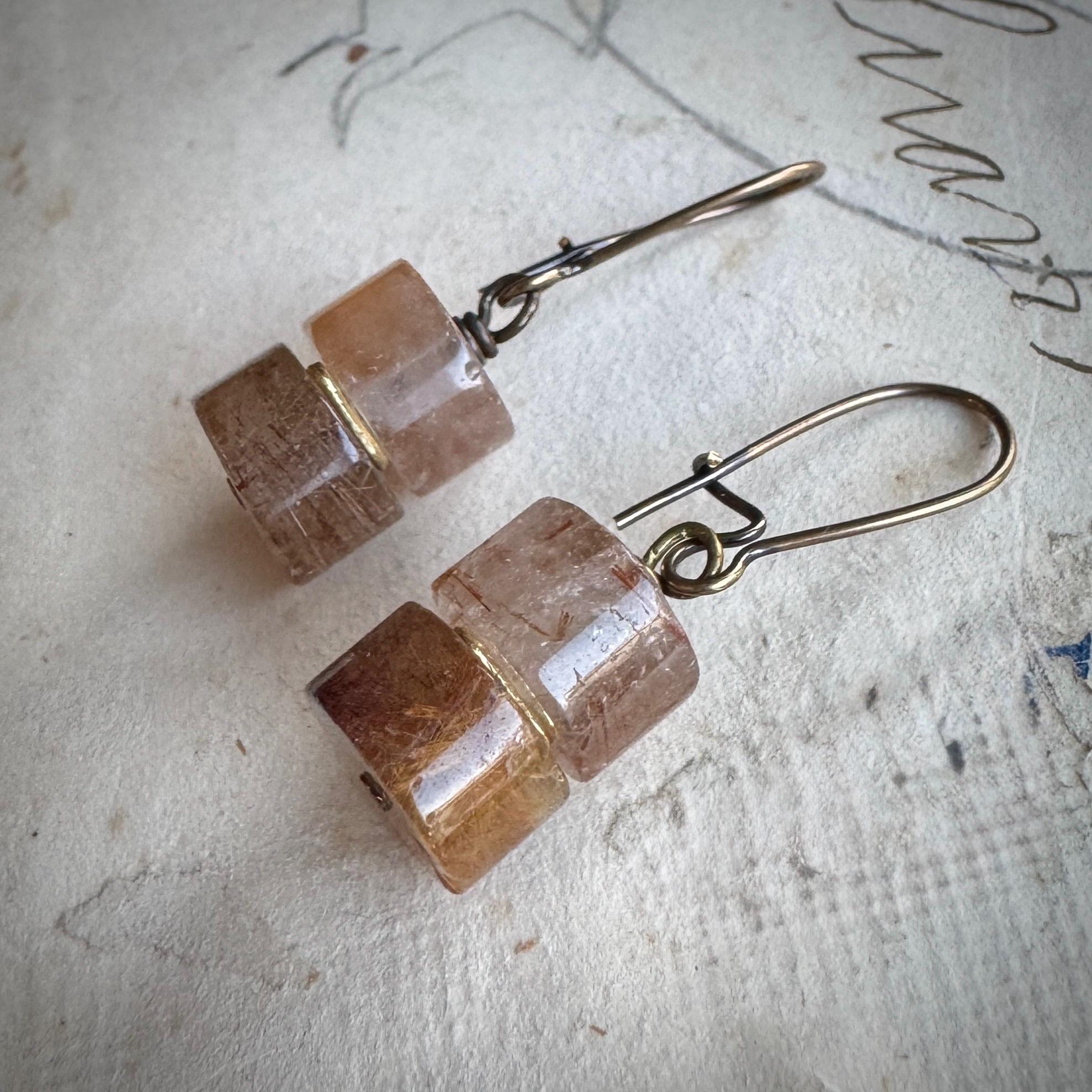 Rutile Quartz Tube Bead Stack Earrings On Antique Gold Kidneys Rutile Quartz Tube Bead Stack Earrings On Antique Gold Kidneys