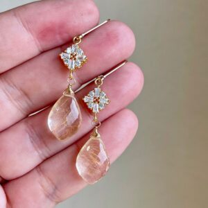 Rutilated Quartz Statement Earrings, Golden Rutilated Quartz Elongated Teardrop with Flower Drop in Gold, Floral Jewelry, Mother's Day Gift