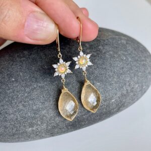 Rutilated Quartz Statement Earrings, Golden Rutilated Quartz Elongated Teardrop with Flower Drop in Gold, Floral Jewelry, Mother's Day Gift