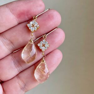 Rutilated Quartz Statement Earrings, Golden Rutilated Quartz Elongated Teardrop with Flower Drop in Gold, Floral Jewelry, Mother's Day Gift