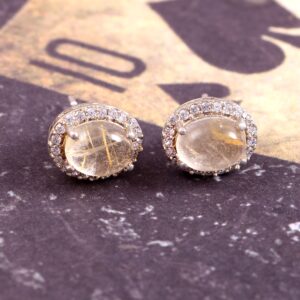 Rutilated Quartz Earrings, Stud Earrings, Halo Statement Earrings, Oval Art Deco Earrings, 925 Sterling Silver, Handmade Jewelry, Gift Her