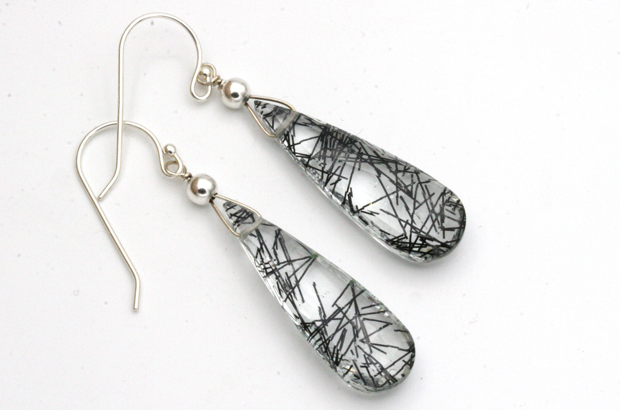 Rutilated Quartz Teardrop Earrings: Sterling Silver Wire-wrapped Gemstones
