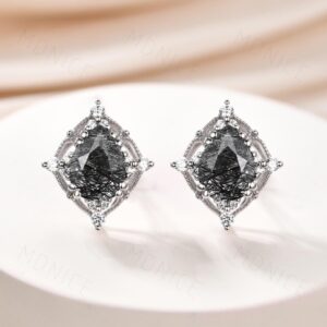 Vintage Pear Black Rutilated Quartz Earrings: 925 Silver Antique Studs