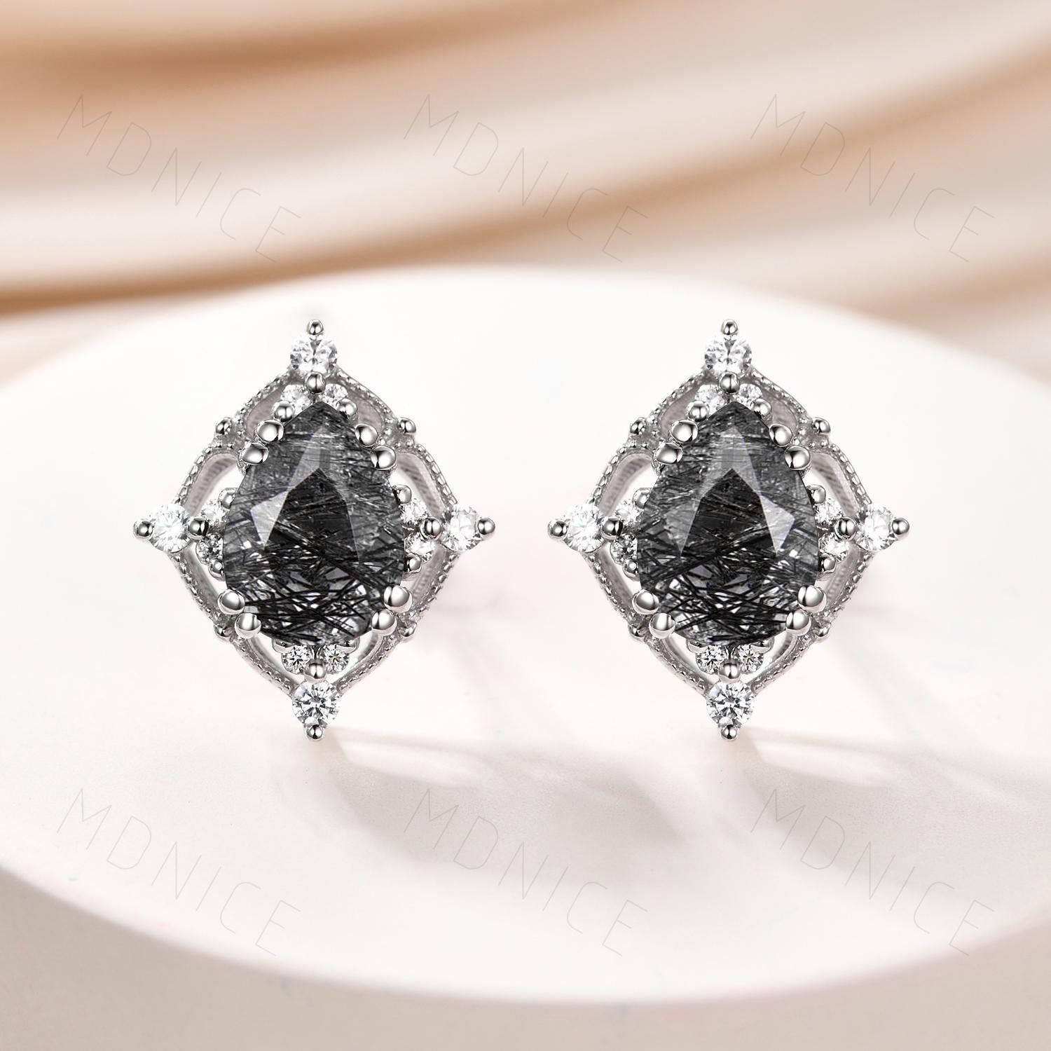 Vintage Pear Black Rutilated Quartz Earrings: 925 Silver Antique Studs