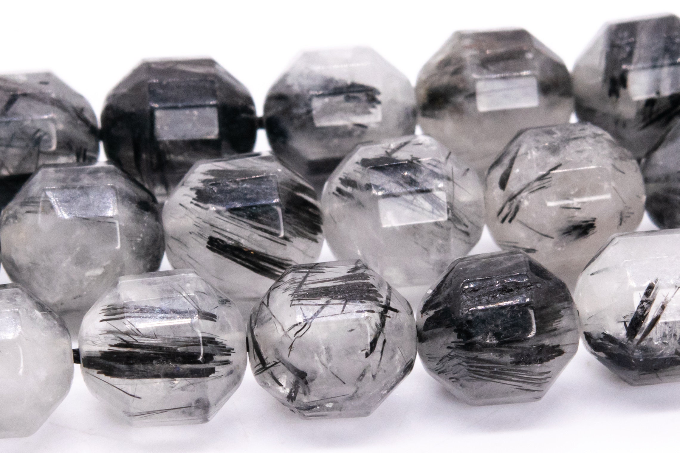 10x9mm Black Rutilated Quartz Beads Faceted Bicone Barrel Drum Grade A Genuine Natural Loose Beads 15" / 7.5" Bulk Lot Options (115648)