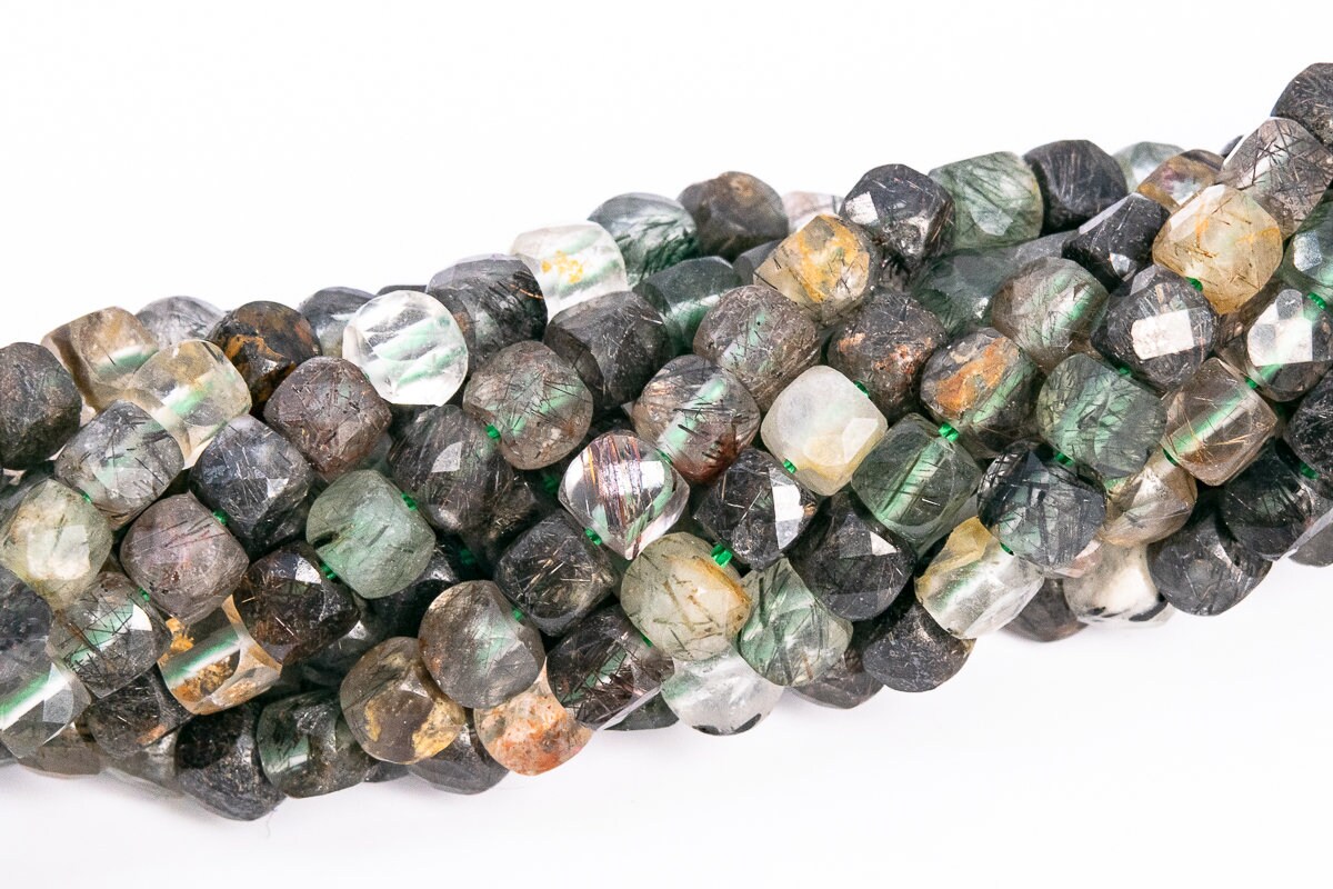 3-4mm Brown Green Rutilated Quartz Beads Grade A Genuine Natural Gemstone Faceted Cube Loose Beads 15.5" / 7.5" Bulk Lot Options (113281)