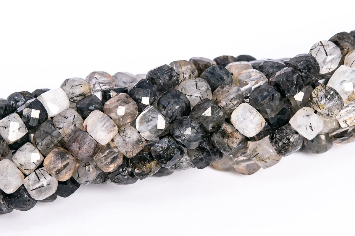 4mm Black Rutilated Quartz Beads Faceted Cube Grade Aa Genuine Natural Gemstone Loose Beads 15.5" Bulk Lot Options (113052)