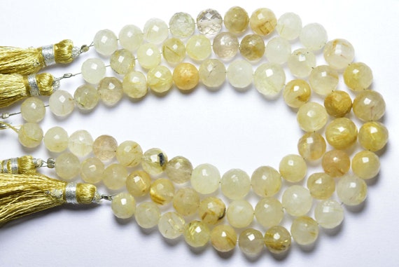 7 Inches - Natural Faceted Golden Rutile Quartz Round Beads - Size Is 7.5-8.5 Mm #1823