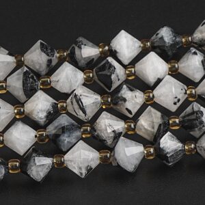 8MM Black White Rutilated Quartz Beads Grade AA Genuine Natural Gemstone Bicone Faceted Loose Beads 15"/7.5" Bulk Lot Options(126703)