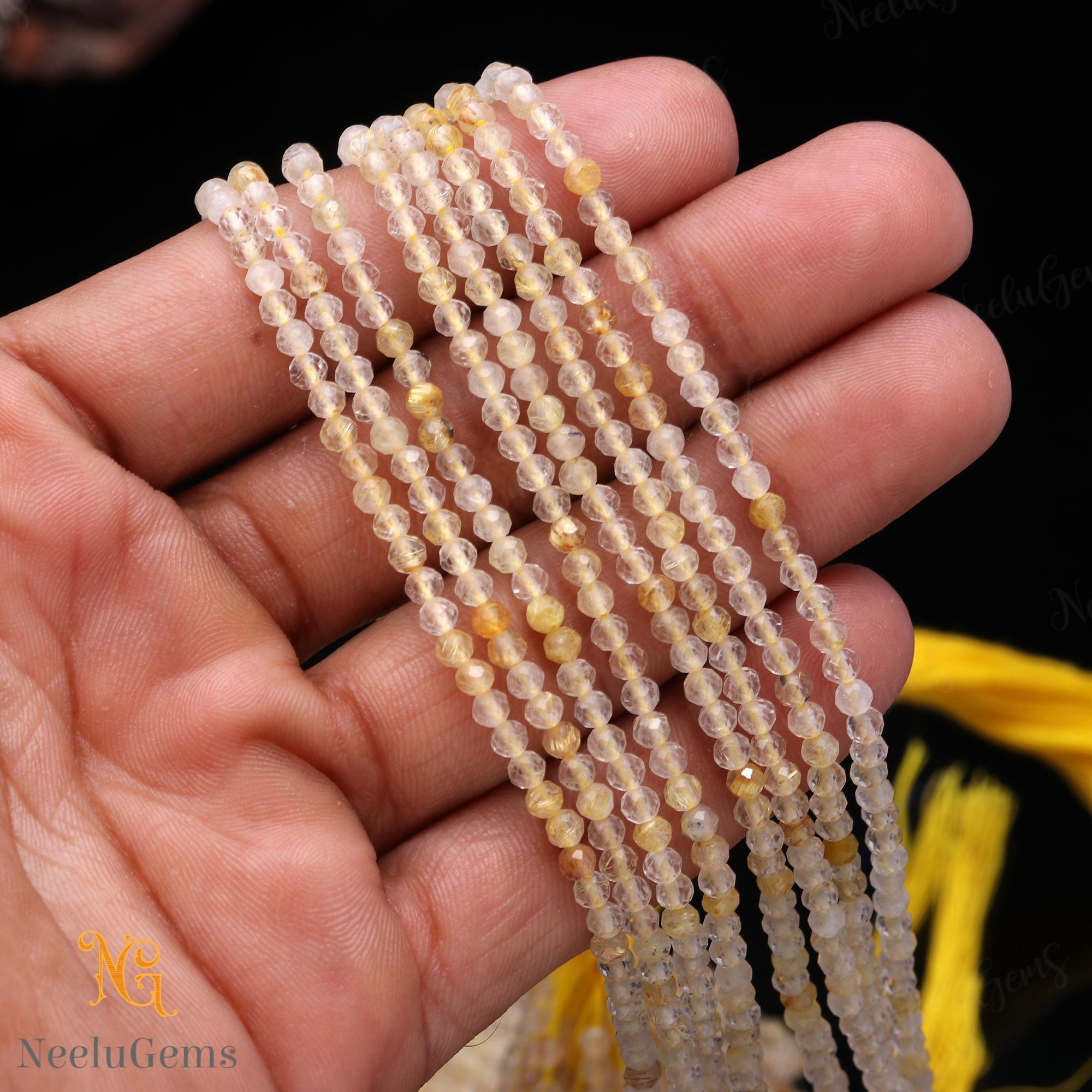 Aaa+ Golden Rutile Quartz Beads: 3.3mm Microcut Faceted Rondelles - 13" Strand, Clear Tiny Gemstone With Gold Needles, Jewelry Making Supply