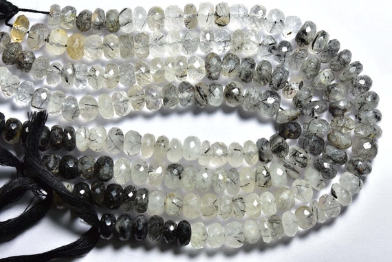 Big Black Rutile Rondelle Beads - 9 Inches - Natural Faceted Black Rutile Quartz Rondelle Strands - Size Is 8.5 -9 Mm #1111