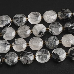 Black White Rutilated Quartz Beads Grade AA 8MM 10MM Genuine Natural Gemstone Faceted Coin Loose Beads 15"/7.5" Bulk Lot Options