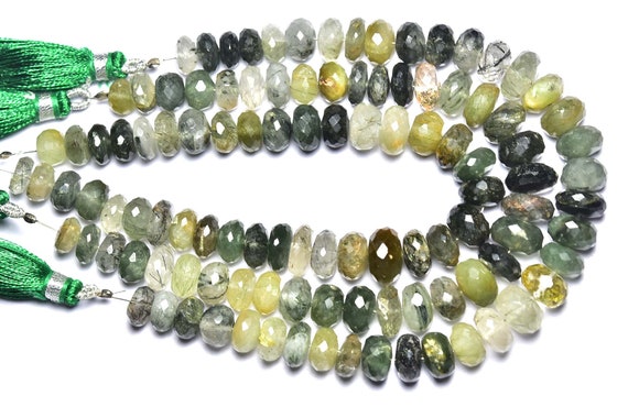 Green Rutile Rondelle Beadas - 7.5 Inches - Natural Big Green Rutile Quartz Faceted Rondelle - Size Is 8 - 9 Mm #604 Green Rutile Rondelle Beadas - 7.5 Inches - Natural Big Green Rutile Quartz Faceted Rondelle - Size Is 8 - 9 Mm #604