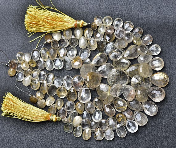 Natural Faceted Golden Rutile Quartz Pear Shape Briolettes - 6.8 Inches - Size Is 7x9-13x16 Mm #1627