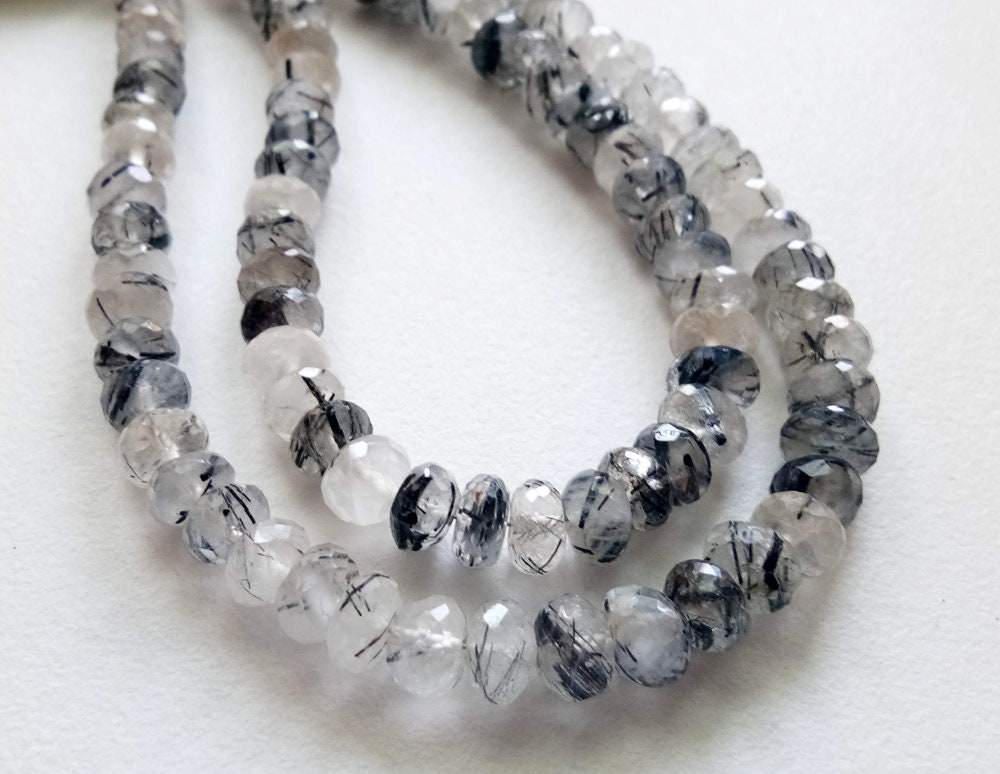 6.5-7mm Black Rutile Quartz Faceted Beads, 8 Inch Natural Rutiliated Quartz Faceted Rondelle Bead, 50pcs Rutile Quartz For Necklace - Pdg180