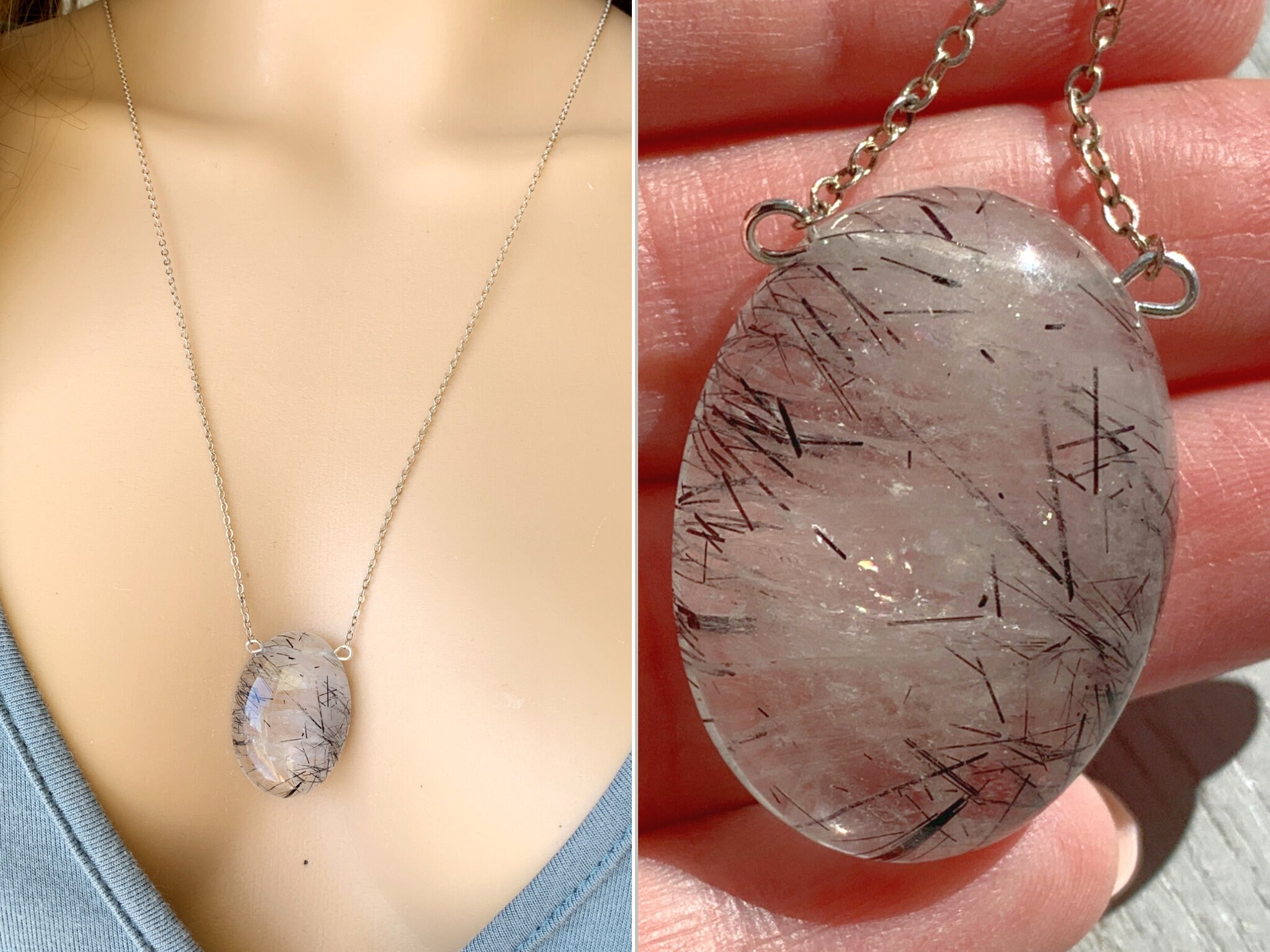 Big Rutilated Quartz Necklace, Rutile Quartz Crystal Necklace, Black Tourminated Quartz, Goddess Gemstone Necklace, Gift For Her Exact Stone