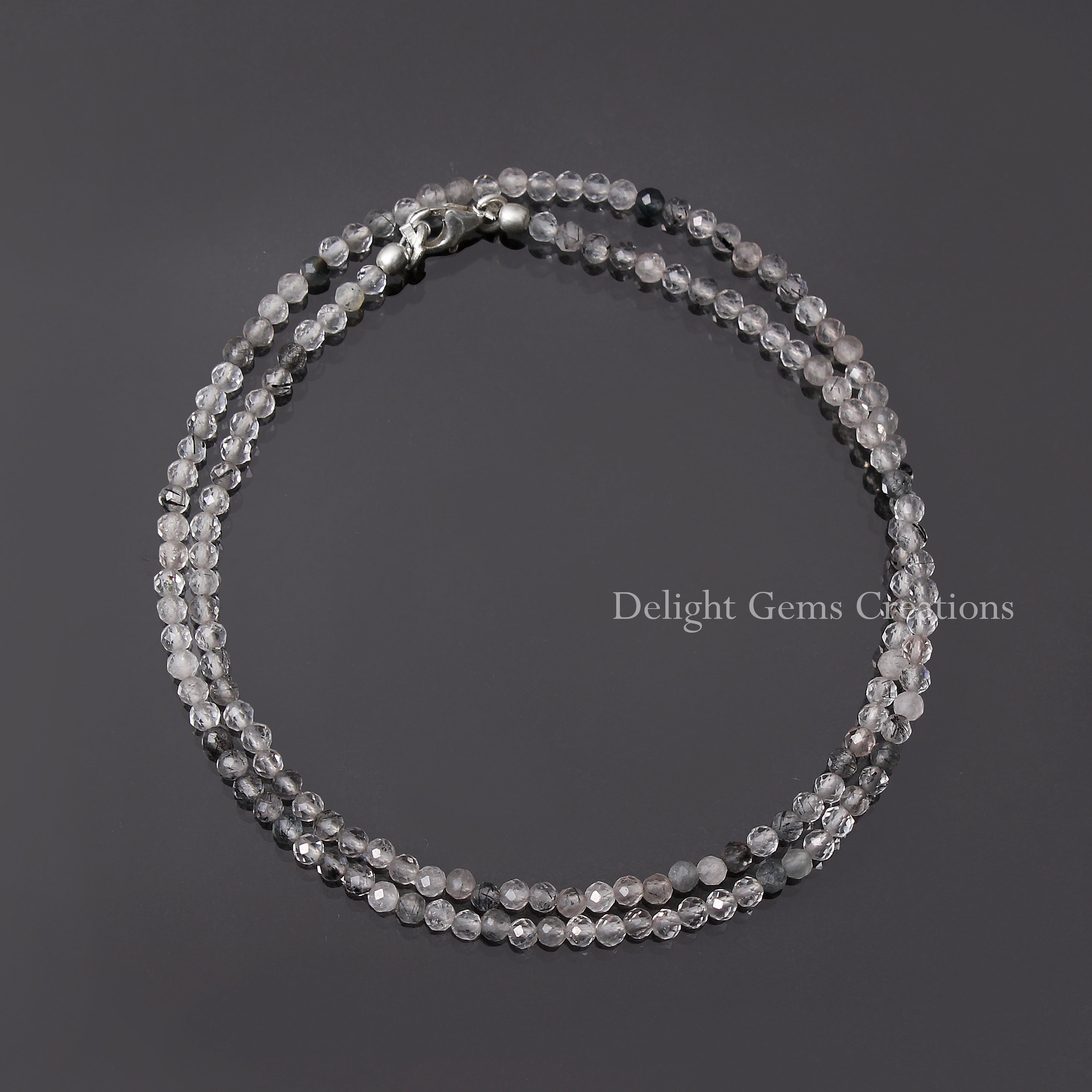 Black Rutilated Quartz Necklace, 3mm Faceted Gemstone, 18 Inches