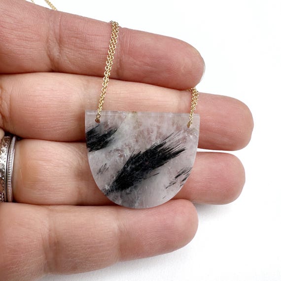 Black Rutilated Quartz Necklace With Gold Fill, Natural Smooth Half Moon Shaped Stone, Handmade In Seattle, Wire Wrapped Gems Ready To Ship