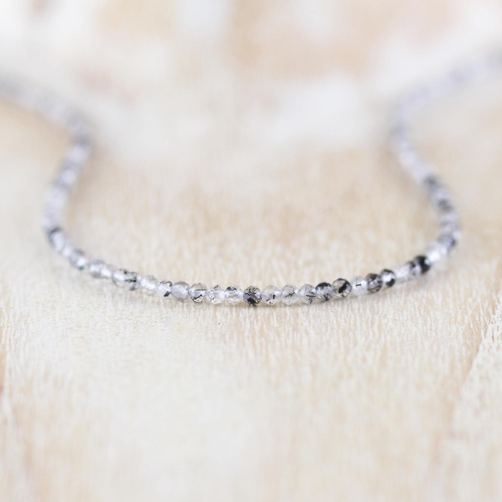 Black Rutilated Quartz Necklace In Sterling Silver, Gold Or Rose Gold Filled, Delicate 2.2mm Faceted Gemstone Choker, Long Layering Necklace