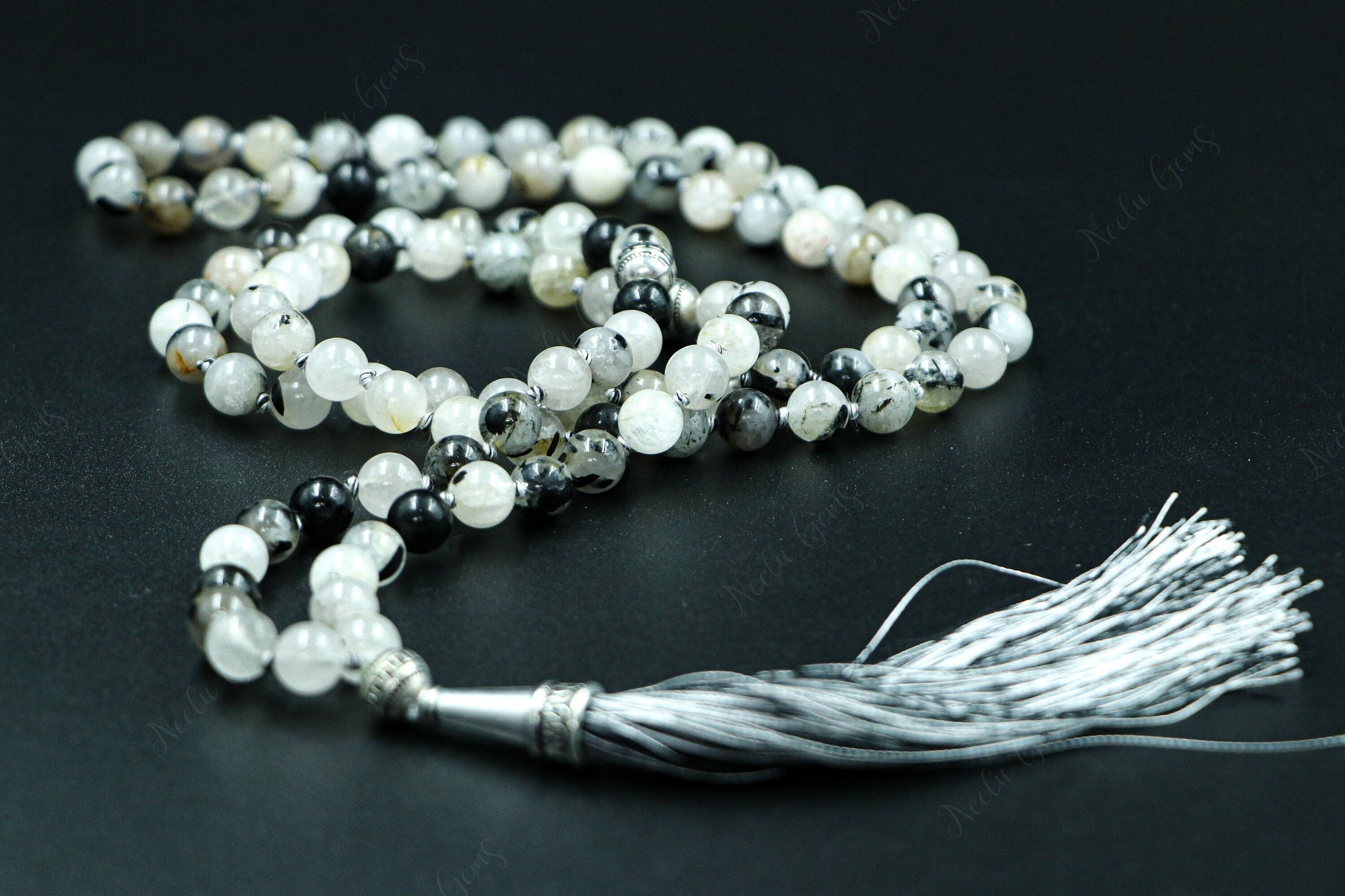 Black Rutile Quartz Mala Necklace 108 Beads Hand Knotted - Rutilated Quartz Prayer Beads - Protection & Clarity Crystal Zen Meditation Gift