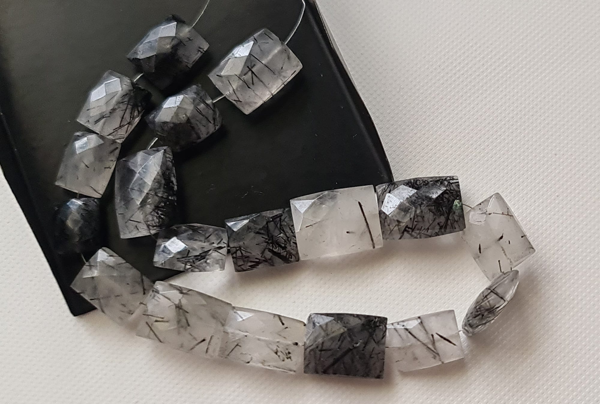 Black Rutile Quartz Beads, Rutilated Quartz Faceted Chewing Gum Cut Beads, Rutile Necklace, 9-14mm, 8 Inch Strand, 18 Pieces - Pdg355