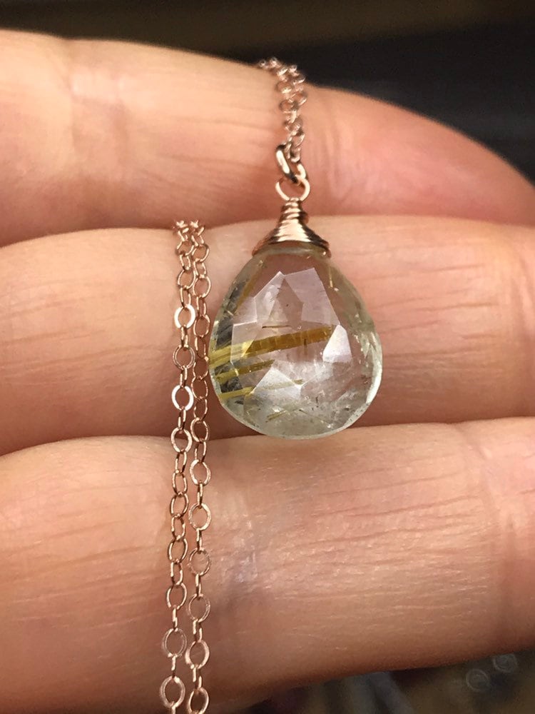 Dainty Rutilated Quartz Necklace: Teardrop Gemstone, 14k Gold Fill