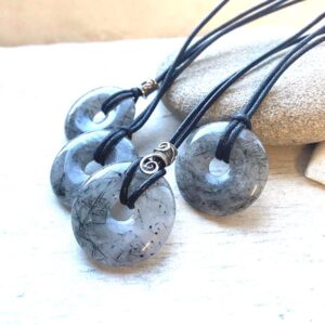 Rutilated Quartz Donut Necklace: Sterling Silver Beads, Leather Cord, Protection Amulet Rutilated Quartz Donut Necklace: Sterling Silver Beads, Leather Cord, Protection Amulet