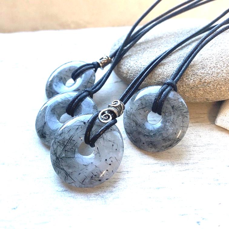 Rutilated Quartz Donut Necklace: Sterling Silver Beads, Leather Cord, Protection Amulet Rutilated Quartz Donut Necklace: Sterling Silver Beads, Leather Cord, Protection Amulet