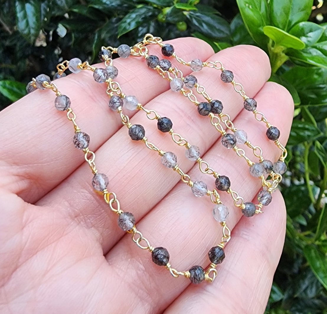 Rutilated Quartz Gemstone Necklace Gold, Dainty Gemstone Necklace, Quartz Beaded 16 Inch Necklace, Black And Gold Gemstone Layering Necklace