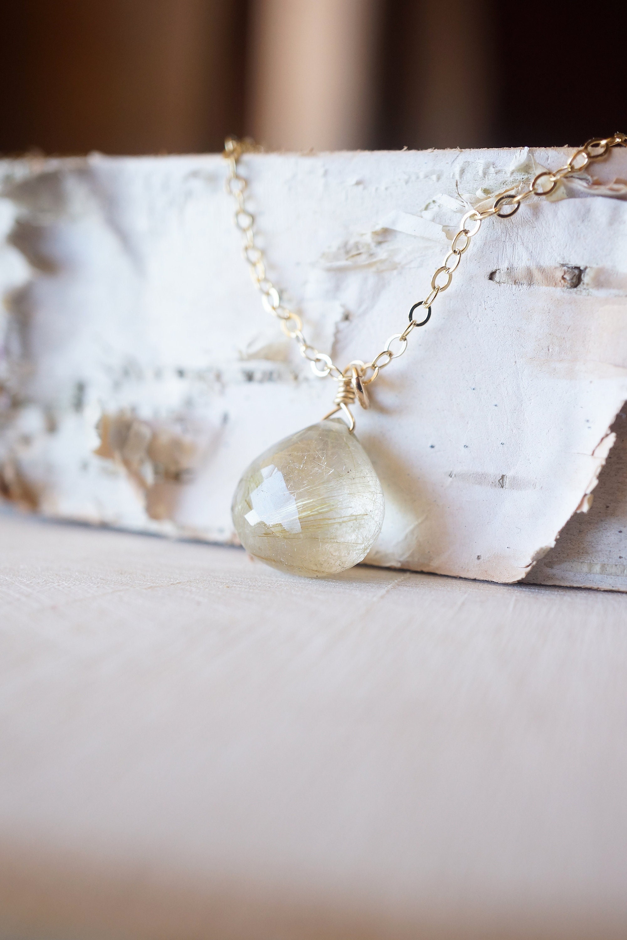 Gold Rutilated Quartz, Heart Briolette Necklace Gold Rutilated Quartz, Heart Briolette Necklace