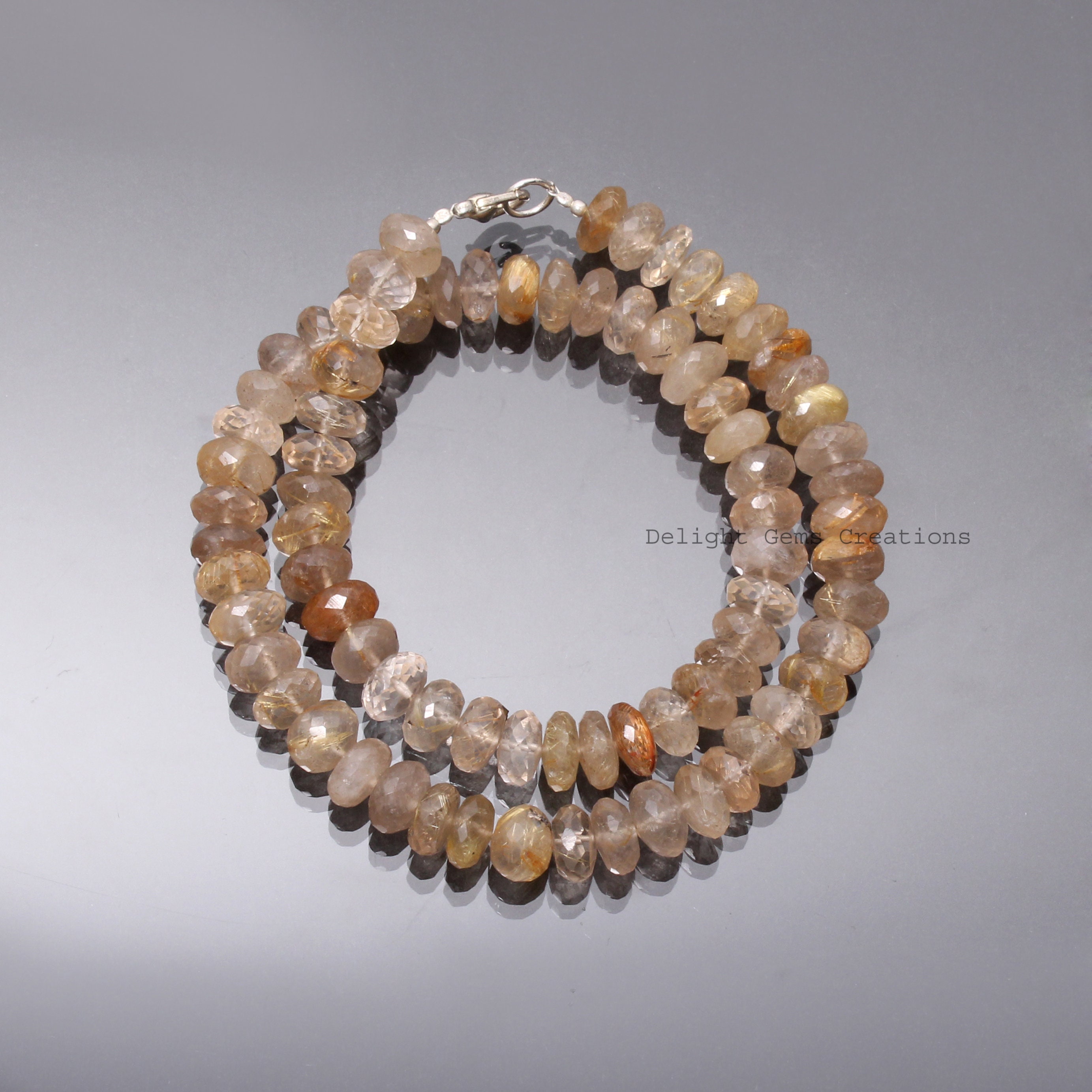 Golden Rutilated Quartz Necklace, 10mm Faceted Rondelle Beads, Sterling Silver Clasp, High Quality Rutile Necklace, Unisex, Gift