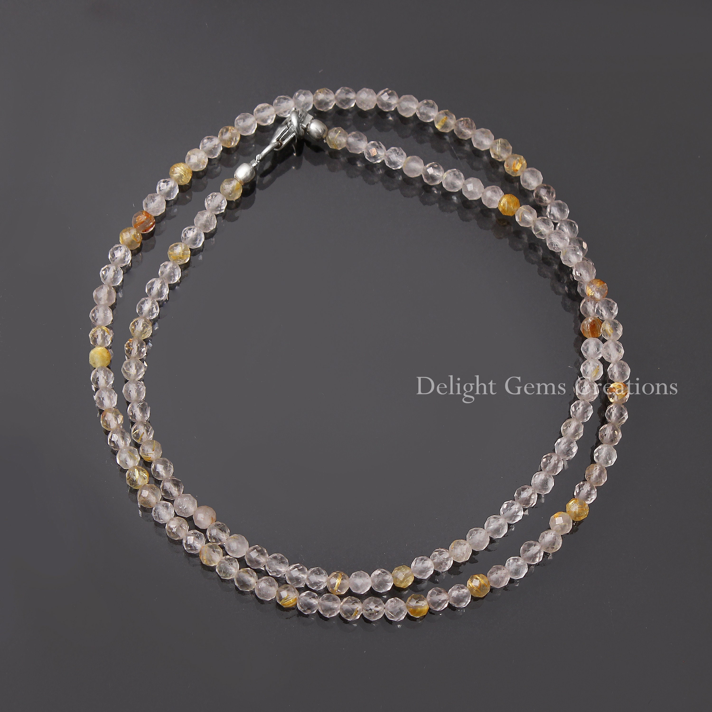 Golden Rutilated Quartz Beaded Necklace,3.5mm Golden Rutile Micro Faceted Round Bead Necklace, Quartz Jewelry, Minimalist Necklace, Gift Her