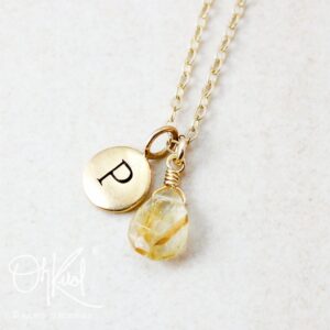 Golden Rutile Quartz Personalized Necklace, Hand Stamped Initial Golden Rutile Quartz Personalized Necklace, Hand Stamped Initial