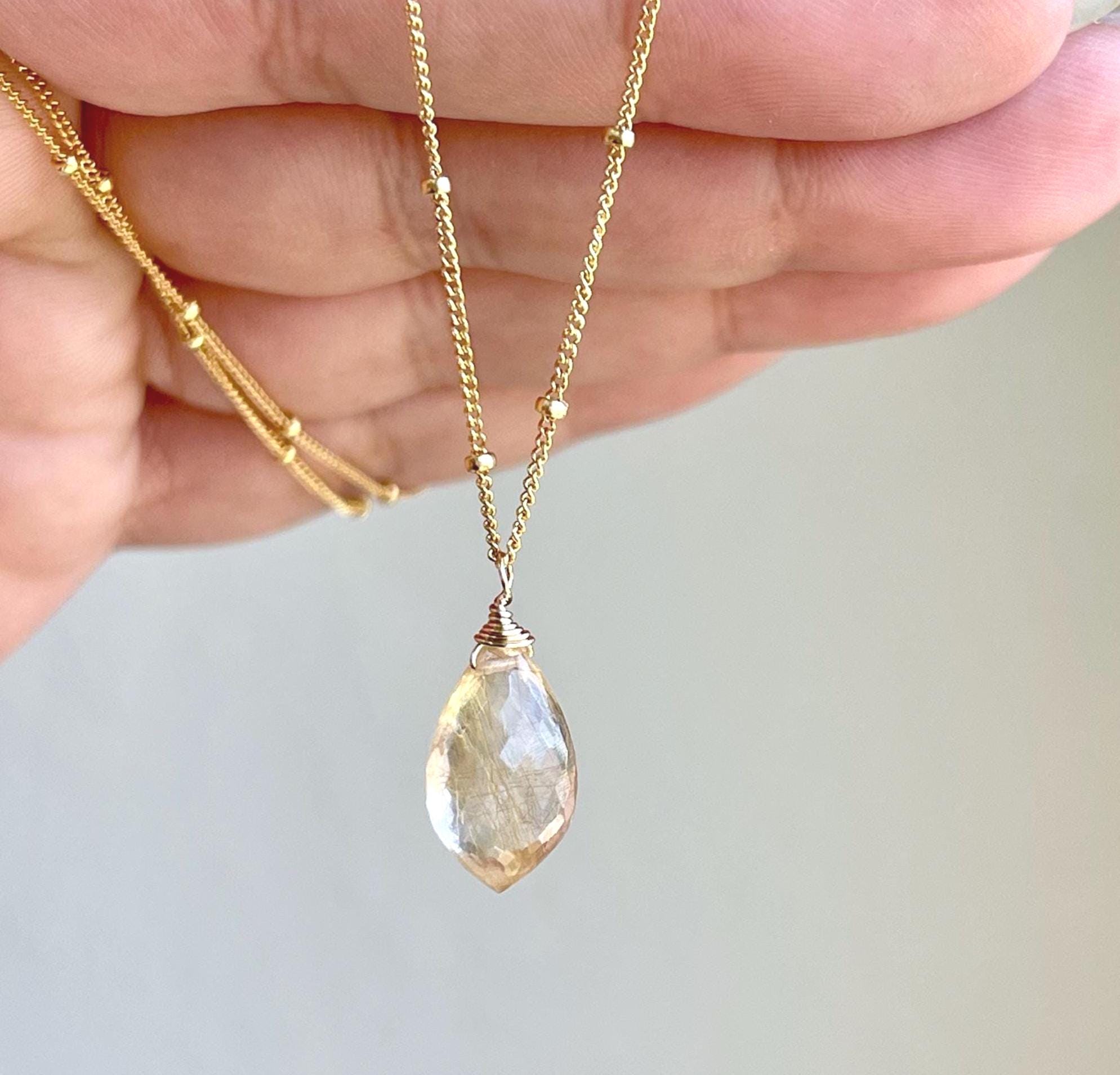 Golden Rutilated Necklace, Rutile Quartz Pointy Teardrop Layering Necklace On Satellite Chain In Gold Or Silver, Dainty Neutral Gift For Her Golden Rutilated Necklace, Rutile Quartz Pointy Teardrop Layering Necklace On Satellite Chain In Gold Or Silver, Dainty Neutral Gift For Her