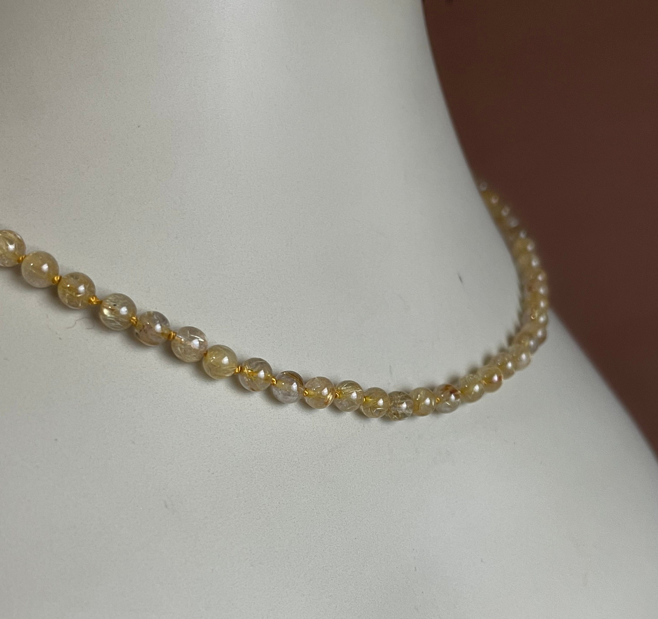 Golden Rutile Quartz Beaded Necklace, Hand Knotted Silk Necklace,