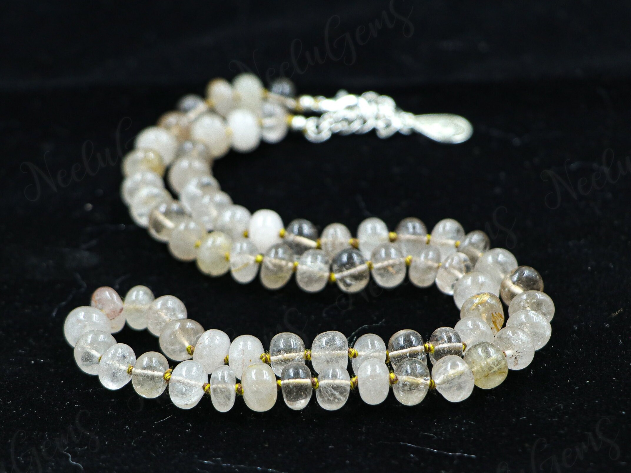 Hand Knotted Golden Rutile Quartz Beaded Necklace, Natural Rutilated Stone Choker, Gold Needle Venus Hair Jewelry, Unique Boho Gift For Her