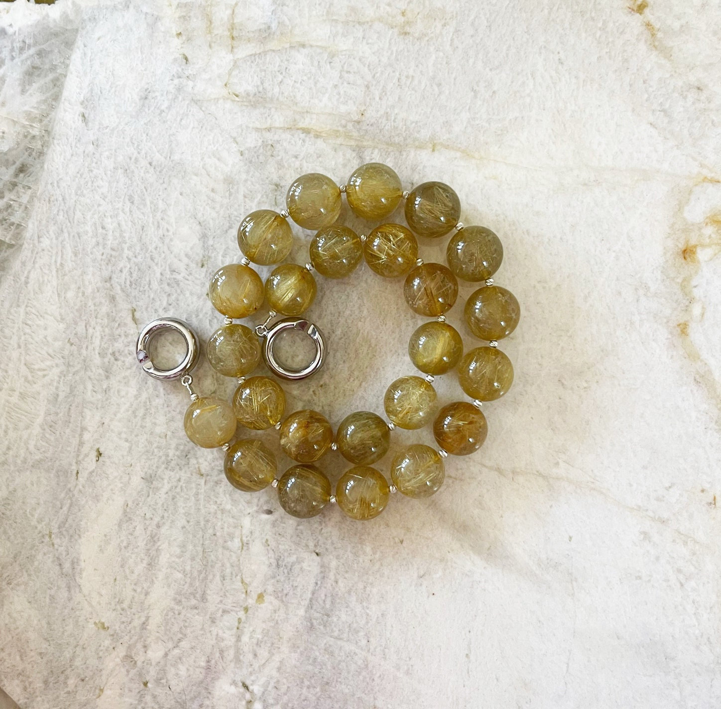 Handcrafted Golden Rutilated Quartz Necklace: Sterling Silver Clasp, 19 Inch