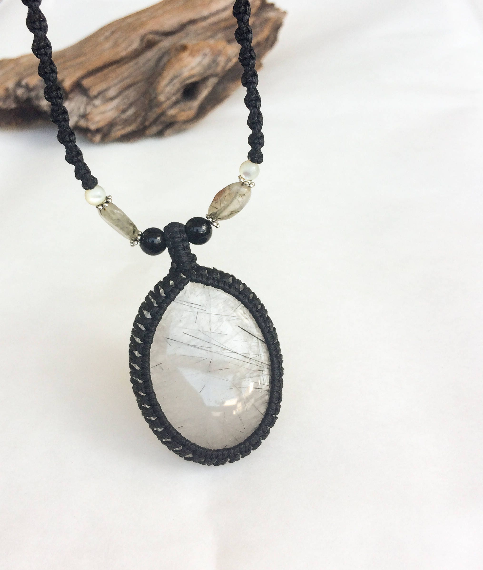 Rutilated Quartz Necklace, Macrame Necklace, Natural Stones, Rutile Quartz, Men's Necklace, Boho, Beach, Healing Crystal, Rustic, Surf, Gift
