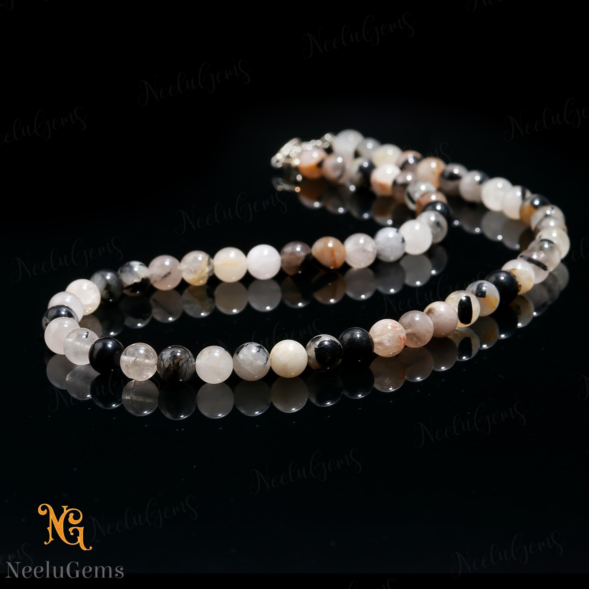 Natural Black Rutile Quartz Necklace, 8mm Black Rutilated Beads, 18" Genuine Needle Quartz Jewelry, Modern Monochrome Choker, Gift For Him