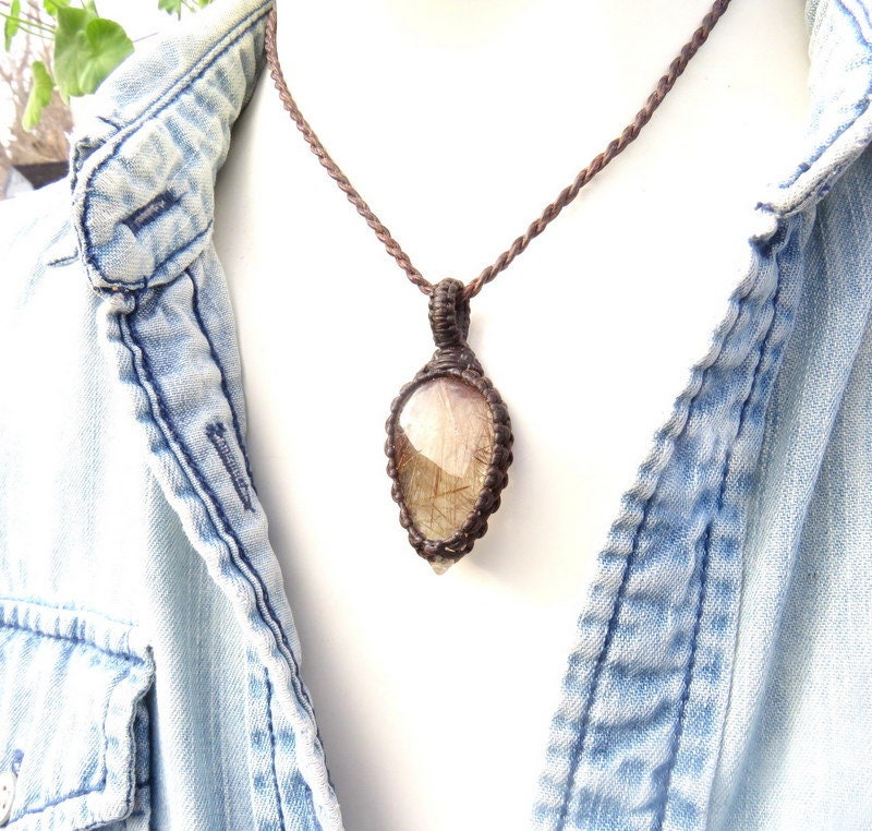 Rutile Quartz Macrame Necklace, Golden Rutile Quartz, Gift Ideas For The Crystal Collector, Mothers Day Gift Ideas, Fathers Day Gift Ideas