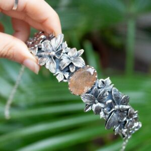 Sterling Silver Choker Necklace: Golden Rutilated Quartz, Botanical Design Sterling Silver Choker Necklace: Golden Rutilated Quartz, Botanical Design