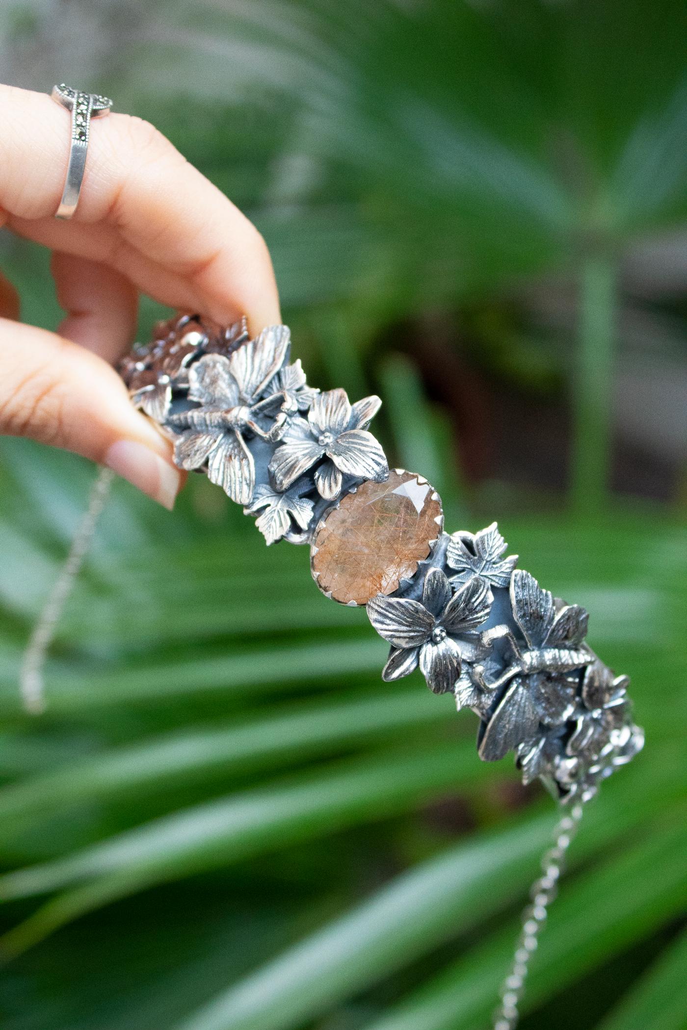 Sterling Silver Choker Necklace: Golden Rutilated Quartz, Botanical Design