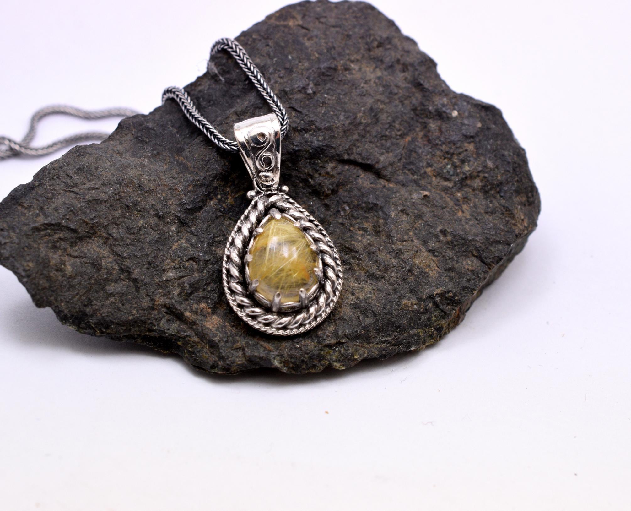 Rutilated Quartz Teardrop Necklace In Sterling Silver 925 | Golden Rutile Quartz Jewelry | Artisan Gemstone Gift