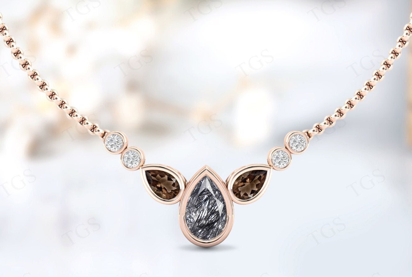 Unique Black Rutile Quartz Necklace For Women 925 Sterling Silver Quartz Wedding Necklace Pear Shaped Rutile Quartz Multi Gemstone Necklace Unique Black Rutile Quartz Necklace For Women 925 Sterling Silver Quartz Wedding Necklace Pear Shaped Rutile Quartz Multi Gemstone Necklace