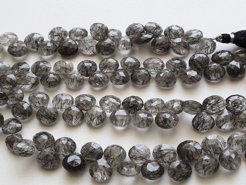 11mm Black Rutile Quartz Faceted Heart Beads, Rutiliated Quartz Beads, Faceted Heart Beads For Jewelry (4in To 8in Options) - Aag56